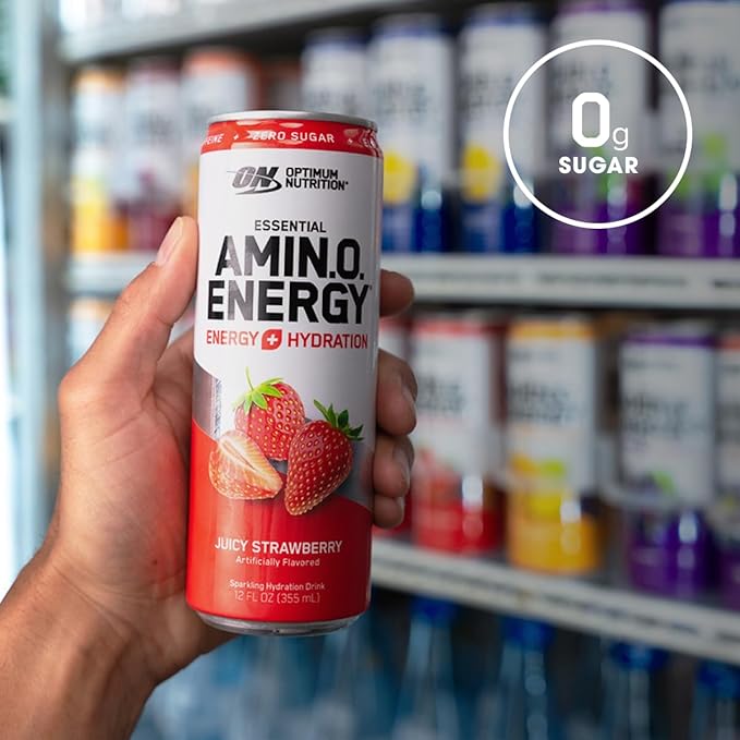 Optimum Nutrition Amino Energy Sparkling Hydration Drink Electrolytes Caffeine Amino Acids BCAAs Sugar Free Juicy Strawberry 12 Fl Oz 12 Pack (Packaging May Vary)