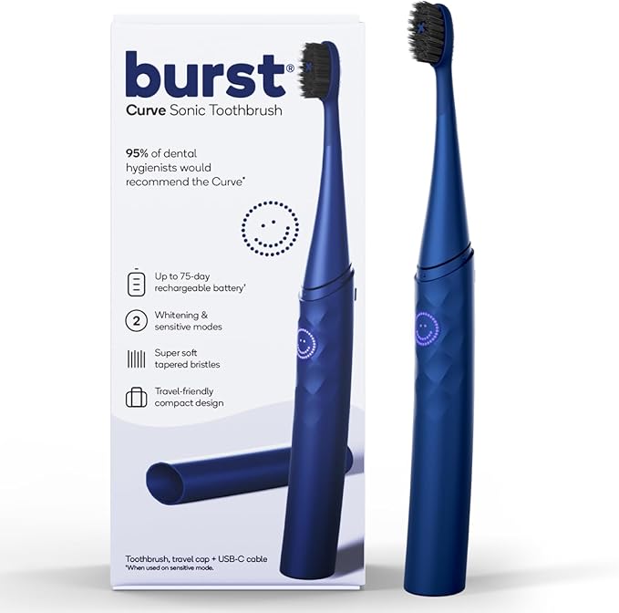 Burst Curve Sonic Electric Toothbrush for Adults (Cobalt Blue) | Slim Travel Brush with Cover | Ultra Soft Bristles | Up to 2 Month Rechargeable Battery | Two Modes &amp Timer