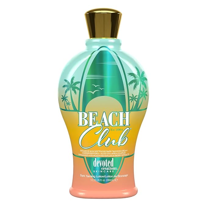 Devoted Creations Beach Club - Exclusive Skin Softening Copper Peptides + Elite Collagen Banking Complex with Peach Nectar &amp Acai Berry Extracts Indoor/Outdoor Dark Tanning Lotion