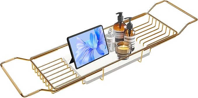 BVL Bathtub Tray Stainless Steel with Marble Base Gold Bathtub Tray with White Marble Base Adjustable &amp Rustproof Bath Caddy for Spa Relaxation Bath Bombs