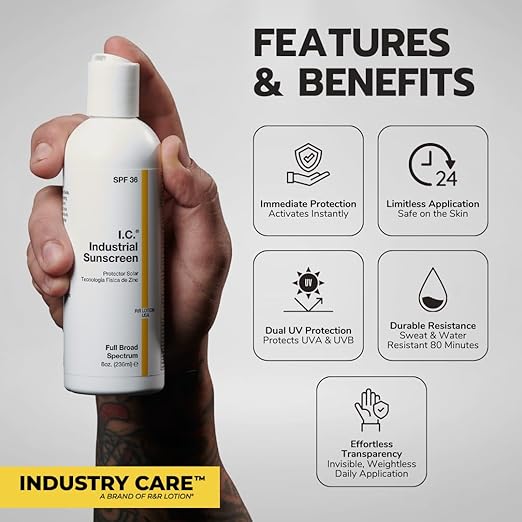 I.C. Industrial Sunscreen Mineral Based SPF 36 Physical Zinc Protection Full Broad Spectrum 80 Minute Sweat &amp Water Resistant Heat Stress Anti-Inflammatory Properties. USA 32oz Bottle (ISSC-32)