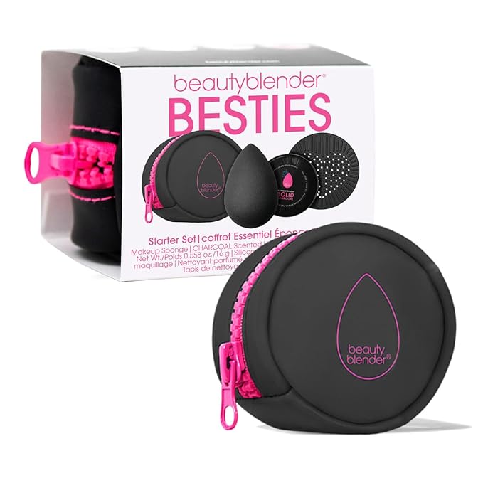 Beautyblender® | Besties Charcoal Blend &amp Cleanse 4-Piece Starter Set Pro Black Makeup Sponge + Solid Charcoal Cleanser .558 oz + Silicone Scrub Mat + Travel Case Made in USA Vegan Cruelty Fre