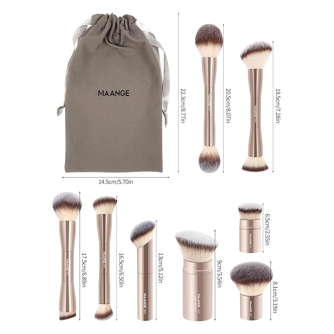 MAANGE 8 Pcs Makeup Brushes with Bag Double-End Multi-functional Makeup Brushes for Blending Liquid Powder Concealer Cream Blush Buffe (Gold)