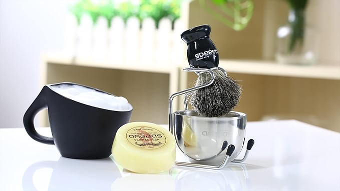 Anbbas Pure Badger Bristles Shaving Brush Black Wood Handle and Refill Soap Bar 100gStainless Steel Shaving Stand and Soap Cup Kit Perfect for Men