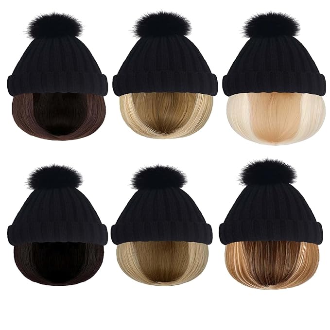 YEKEYI Warm Knitted Beanie Hat with Hair Straight Hair Extension Synthetic Hairpiece Beanie Wig Hair Extensions