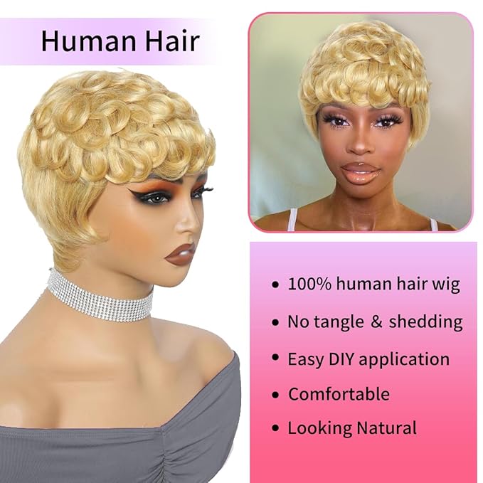 Breathable And Lightweight Wine Red/99J Human Hair Wig Short Curly Pixie Short Hairstyle With Layered Curls And Glue-Free Design For A Natural Look (4 InchBlonde)