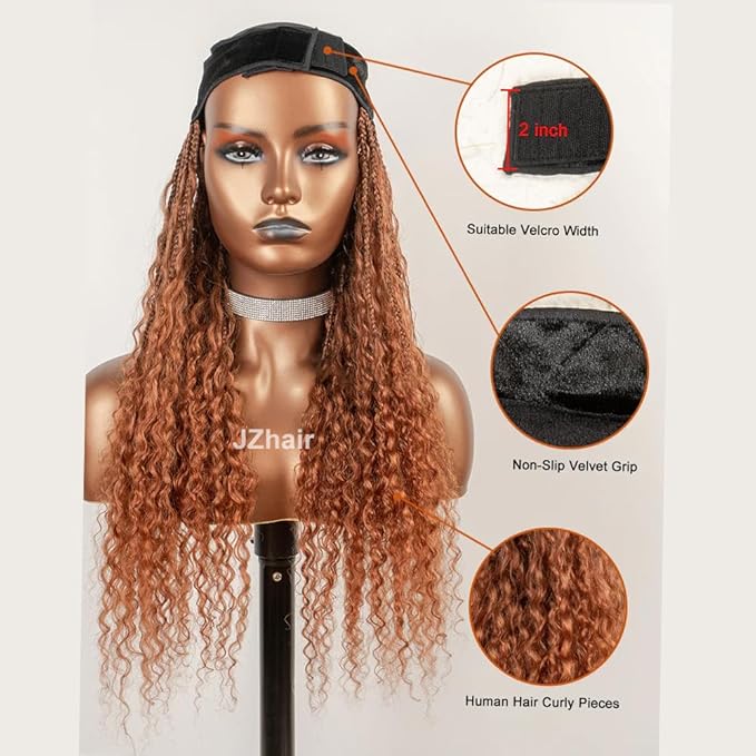#30 Light Brown Braids Band Wig With Human Hair Curly Ends Boho Box Braids Head Band Wig Grab And Go Braided Hair Extensions For Women Color 30 20 Inch