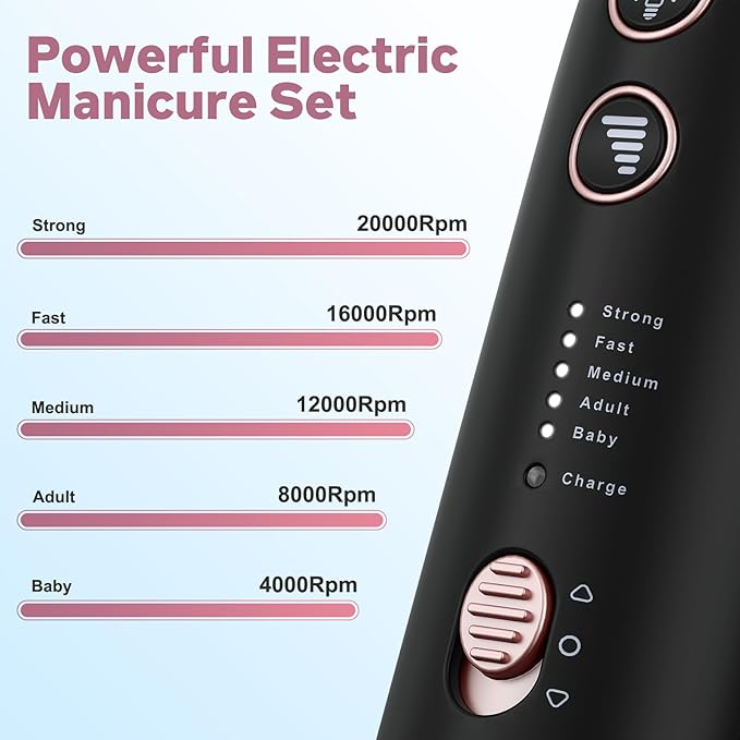 AOMEES Electric Nail File Kit Rechargeable Professional Manicure Pedicure Kit 5 Speeds Hand Foot Care Tool for Nail Grind Trim Polish - with 100Pcs Fine Grit Nail File Sanding Tape