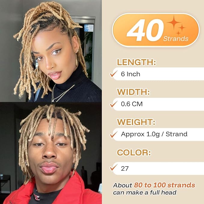 6 inch 40 Strands Loc Extensions Human Hair Real 0.6cm Width Human Hair Dreads Extensions for Man/Women Full Handmade Dreadlocks Can be Dyed(613)