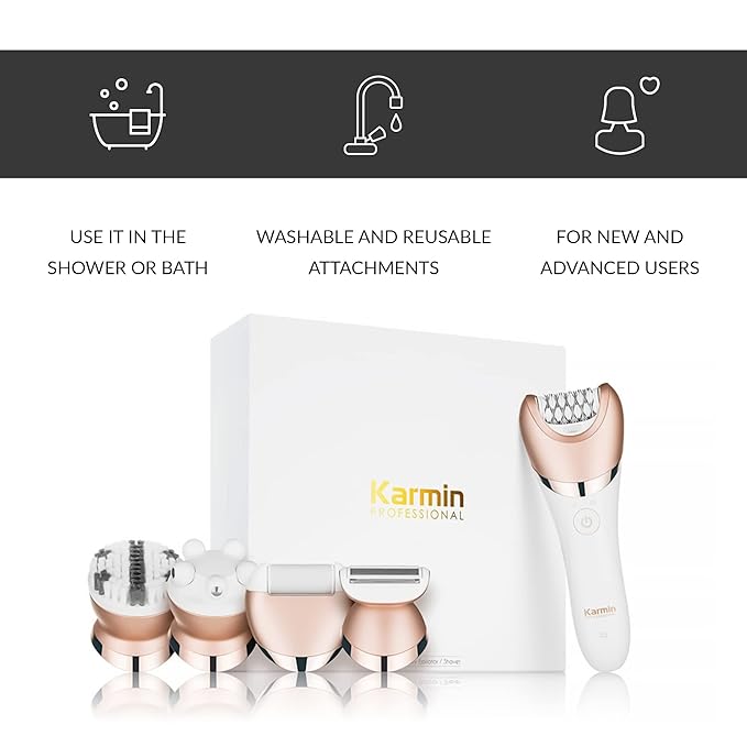 Karmin 5 in1 Wet Dry Epilator for Women Hair Removal Cordless Electric Shaver Trimmer Facial Body Arm Leg Hair Remover USB Rechargeable Waterproof Shave Exfoliate Smooth Buff Massage