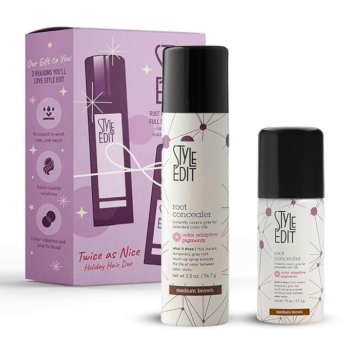 Style Edit Travel Essentials Hair Duo Root Concealer Spray Full Size &amp Travel Size | Instant Gray Root Concealer for Grays and Roots Coverage | Medium Brown