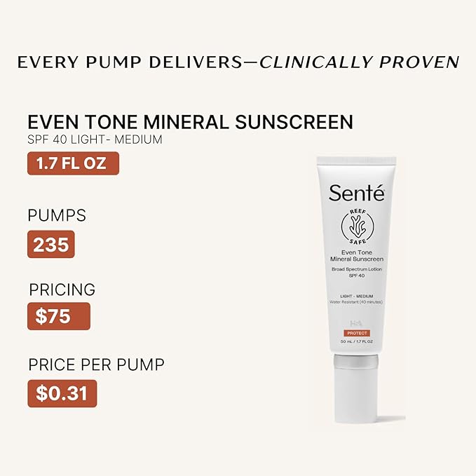 Sent? Even Tone Mineral Sunscreen Tinted | SPF 40 Light-Medium | Hydrating Lightweight Sun Protection Treatment for Redness &amp Discoloration | UVA/UVB &amp Blue Light Defense | 1.7 oz