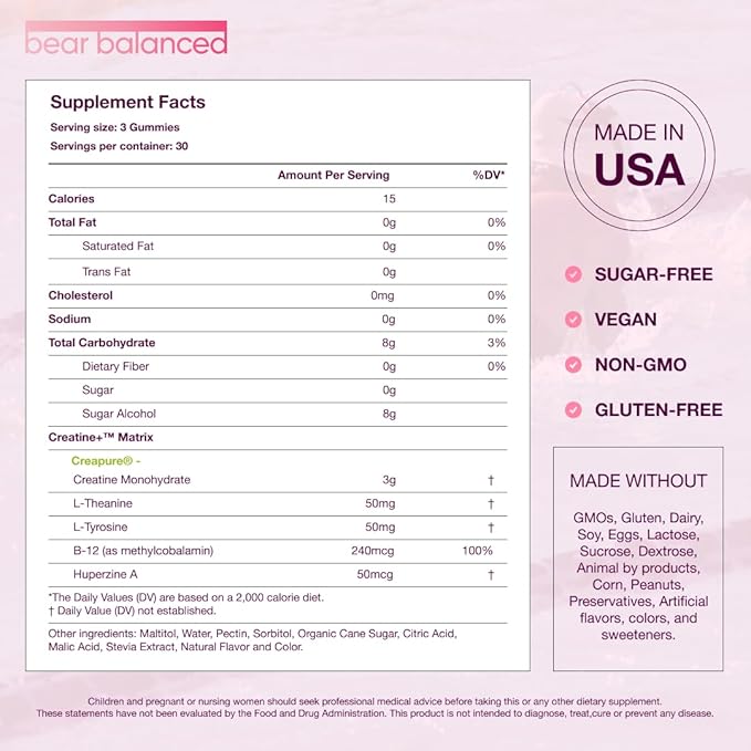 Bear Balanced Creatine Gummies for Men &amp Women - Creapure® Creatine Monohydrate L-Theanine L-Tyrosine &amp B12 for Muscle Growth Strength Focus Energy &amp Health - Low Calorie Sugar-Free