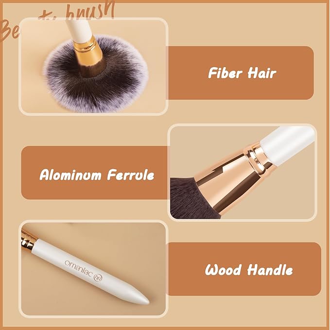 OMANIAC Makeup Brush Set Professional 12 Pearlescent Wood Handle Makeup Brushes Premium Cruelty-Free Synthetic Fiber Hair Travel Make up Brushes Set with Case (White).