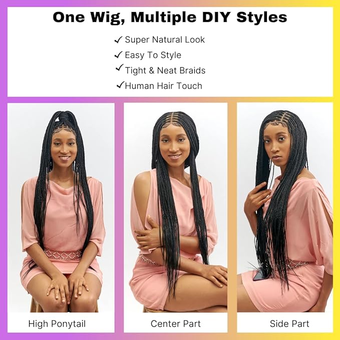 Wow Braids Box Braid Wig - Knotless Braided Wigs for Black women with 360 glueless Full Swiss Lace Cap &amp Human Baby Hair Frontal Synthetic Long Neat African Handmade Braiding - 36 inch/Black