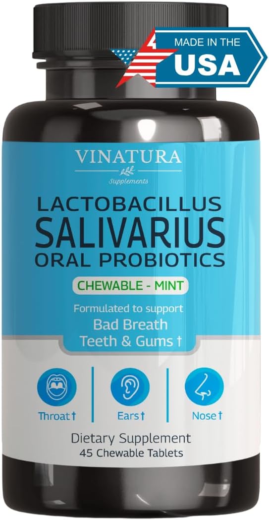 VINATURA Lactobacillus Salivarius Oral Probiotics - Mouth Bad Breath Treatment for Adults Dental probiotics for Teeth and Gums Throat Ear Nose - 45 Chewable Mint Tablets