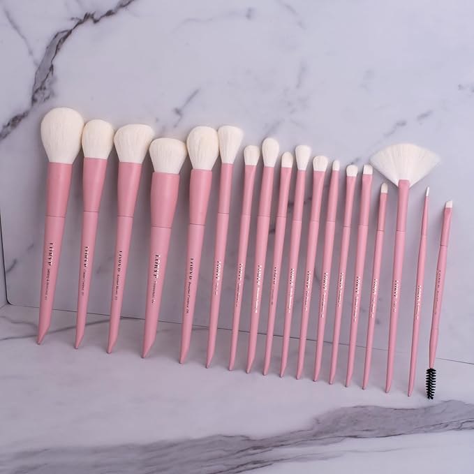 LORYP Makeup Brushes Set Labeled 18 Piece Face and Eye Brush Set Ultra soft hair Foundation Concealer Blush Contour Blending Eyeshadow Pink Brush kit