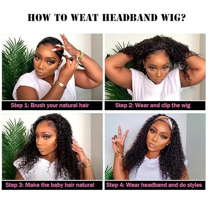 Curly Headband Wig Human Hair 10 Inches Headband Wig Deep Wave Human Hair Wigs with Headband True to Length Natural Color