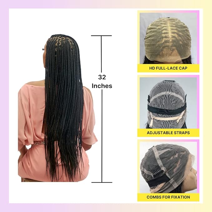 Wow Braids Box Braid Wig - Knotless Braided Wigs for Black women with 360 glueless Full Swiss Lace Cap &amp Human Baby Hair Frontal Synthetic Long Neat African Handmade Braiding - 36 inch/Black