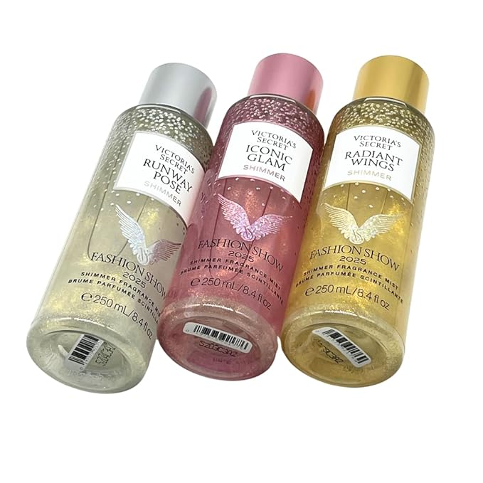 Victoria's Secret FASHION SHOW 2025 Radiant Wings Runway Pose &amp Iconic Glam Shimmer Fragrance Mist Collection 3pc Limited Edition Gift Set with 30-Inch Metallic Gold &amp Silver Striped Ribbon B
