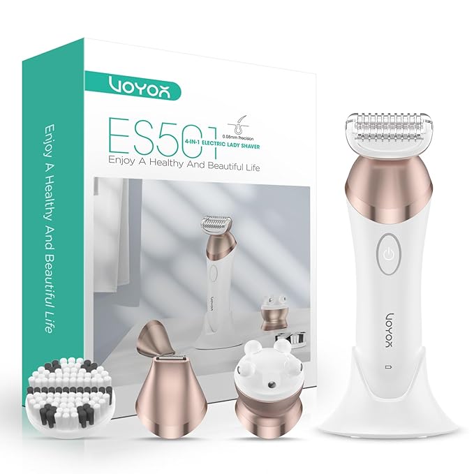 VOYOR Electric Razors for Women 4 in 1 Bikini Trimmer Foil Shaver for Women 4 Replacement Heads for Body Pubic Hair Trimmer Cleansing Massage 2 Adjustable Speeds Rechargeable Shaver ES501 (Gold)