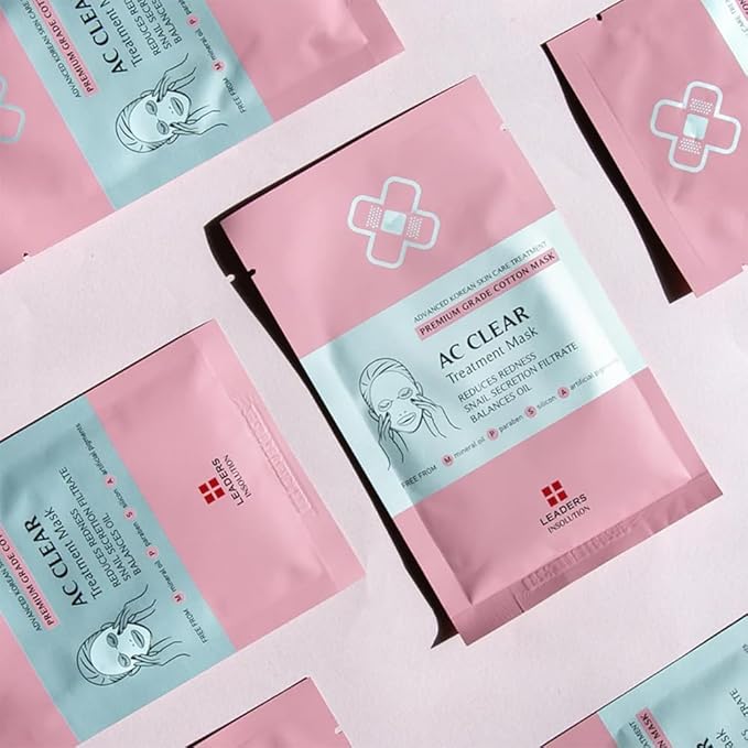 Leaders Insolution AC Clear Skin Clinic Mask | Snail Secretion &amp Tea Tree Oil for Acne Redness Oil Control | 100% Cotton Bemliese Sheet | Balances &amp Soothes Sensitive Skin (5 Sheets)