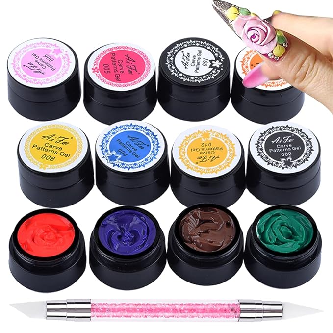 12 Color Sculpture Gel 3D Carving Gels for Nail Art Decoration Kit Creative DIY Nail Art Painting Carved Soak Off Polish Flowers Design Modeling Tool