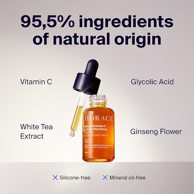 HORACE Vitamin C + Glycolic Acid Face Serum for Men ? Brightening Facial Treatment for Dull Skin Radiance Boost and Even Complexion ? Skincare for All Skin Types ? Unscented 30ml
