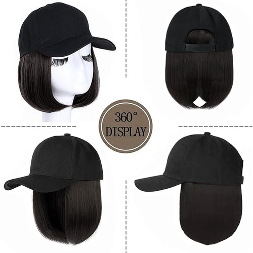 10 Black Baseball Cap with Hair Extensions Short Bob Hairstyle Adjustable Hat Wig Attached Synthetic Hairpiece for Women Daily Use Black Brown Hair