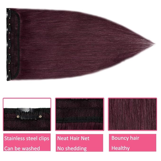 Hairro Clip in Hair Extensions Real Human Hair 14 Inch Clip in Thin Remy Hairpieces Burgundy Short Straight Standard Weft One Piece 5 Clips 45g for Women#99J Wine Red