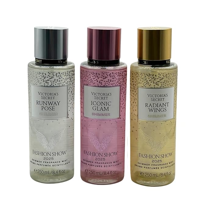 Victoria's Secret FASHION SHOW 2025 Radiant Wings Runway Pose &amp Iconic Glam Shimmer Fragrance Mist Collection 3pc Limited Edition Gift Set with 30-Inch Metallic Gold &amp Silver Striped Ribbon B