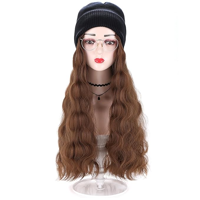 Women Winter Beanie Hat Wig Knit with Long Straight/Wig Wavy Curly Hair Wig Attached 23.6 Inch Synthetic Hairpiece