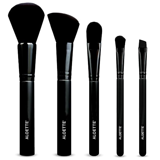 Aloette Professional 5-Piece Makeup Brush Set - Collection Includes Powder Brush Blush Brush Liquid Foundation Brush &amp 2 Eyeliner Brushes - Cruelty Free Synthetic Makeup Brushes for Face