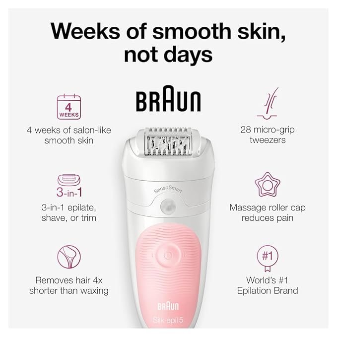 Braun SE5-895 Epilator Hair Removal Device Epilator for Women Includes Shaver and Facial Cleansing Exfoliator Brush Attachments Waterproof Cordless and Rechargeable
