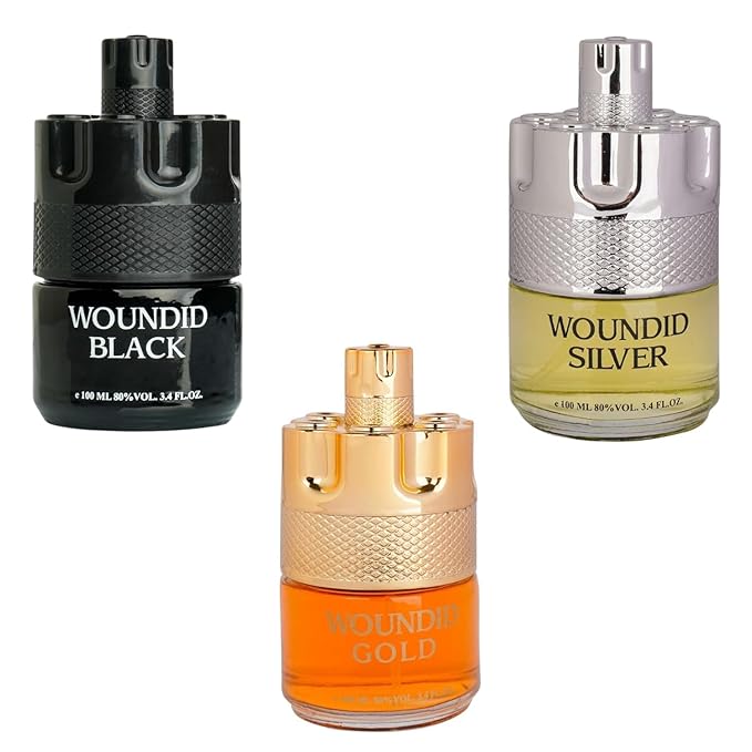 Woundid Men's Cologne Gift Set Black Gold Silver 3.4 oz Each Woody Spicy Fragrance with Amberwood and Cardamom 3-Pack