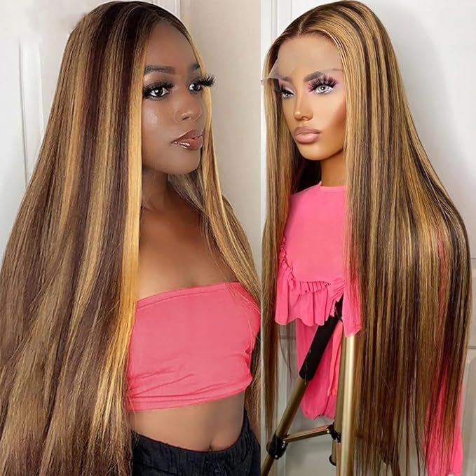 Honey Blonde Wig Human Hair Straight P4/27 Highlight Straight Lace Front Wig 26 Inch 180% Density- ?Premium Human Hair No Shedding 13x4 Lace Breathable Cap Perfect for Daily Wear &amp Styling