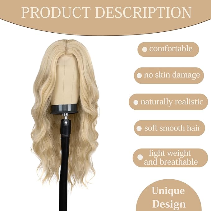 Haoland 613 Blonde Wigs for Women Lace Hairline Long Blonde Wigs Middle Part Long Curly Wig Heat Resistant Synthetic Hair Looking Natural Fiber Wig for Daily Party Use