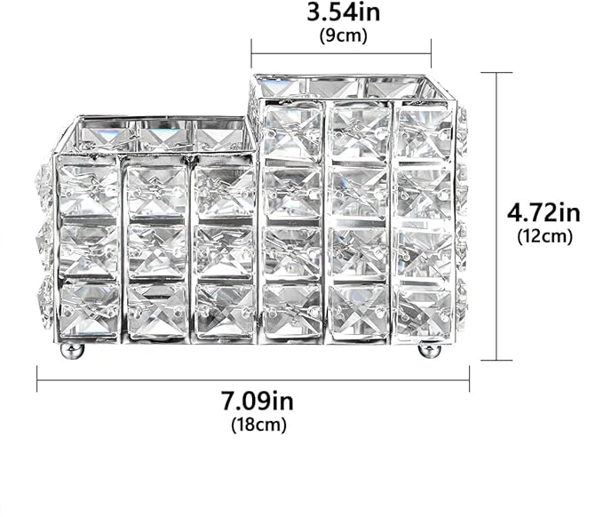 LUEXBOX Crystal Makeup Brush Holder One-Piece Square Brush Organizer Cosmetics Brush Storage Container for Table Dresser Bathroom Bedroom Organization (Silver)