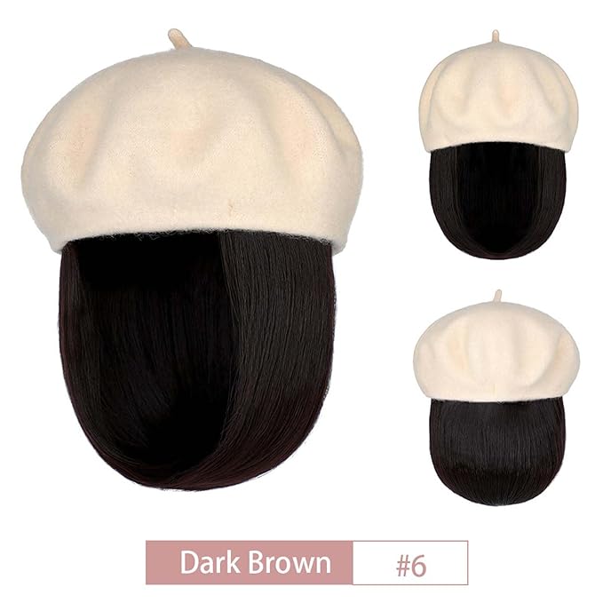 Hat Wig Beret Hat with Hair Extensions Classic French Wool Hat Straight Short Bob Hairpiece Women Bob Wig Hats