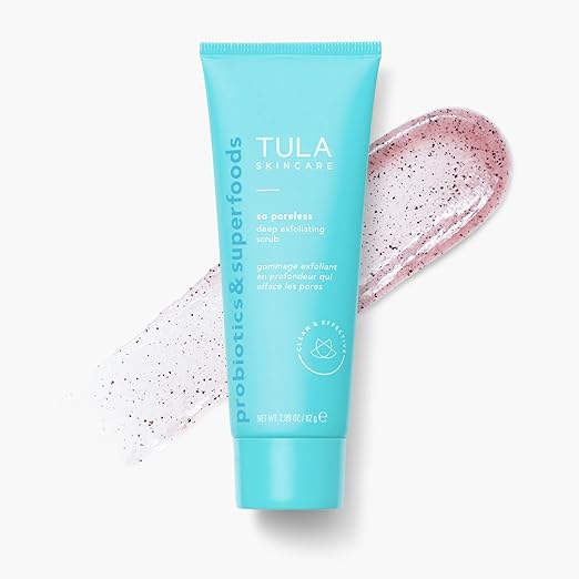 TULA Skin Care So Poreless Exfoliating Blackhead Scrub - Powerful and Gentle Exfoliation Refreshing and Smoothing Contains Probiotic Extracts Volcanic Sand Pink Salt and Witch Hazel 2.89 oz.