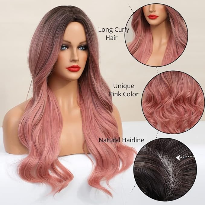 Black to Pink Wavy Wigs Human Hair Mixed Synthetic Long Curly Breathable Lightweight Middle Part No Lace for Daily Cosplay Party