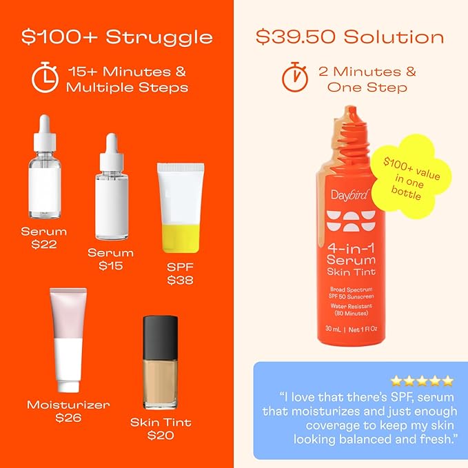Daybird 4 in 1 Tinted Serum Tinted Moisturizer and Sunscreen for Face SPF 50+ Niacinamide 1 Ounce (light)
