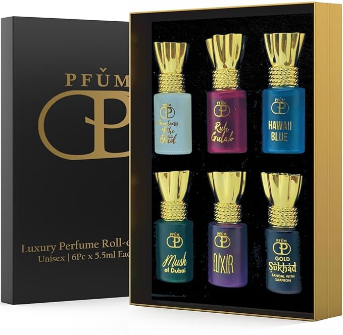 PFUM_Luxury Alcohol Free Long Lasting Roll-On Attar Perfume Gift Set For Unisex 6Pcx5.5ml Each Total 33ml (Ruh Gulab Hawaii Blue White Oud)