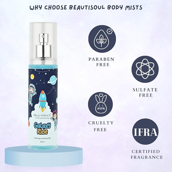 Beautisooul Galaxy Ride Body Mist for Kids - Where Adventure Meets Happiness! Gentle and Skin-Friendly Ingredients | Perfect for Kanjak gifting | Body Perfume for kids - 100 ml
