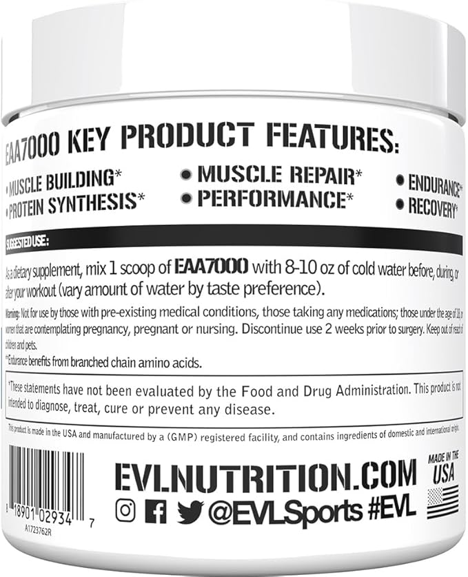 Evlution Nutrition EAA7000 - Pre &amp Post Workout Powder - Muscle Building + Recovery Supplement - 7g Essential Amino Acids + 5g BCAAs - Endurance + Energy Support - 30 Servings - Unflavored