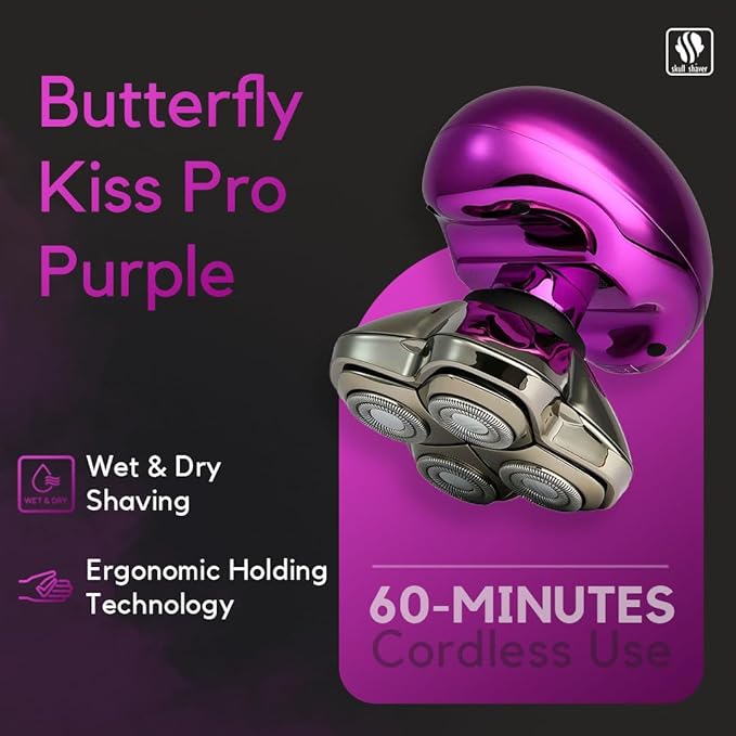 Skull Shaver Butterfly Kiss PRO - Women's Electric Shaver for Bikini Line Legs &amp Body - Wet &amp Dry Use - Ergonomic Hypoallergenic Blades - 60 Minutes Cordless Use - Purple