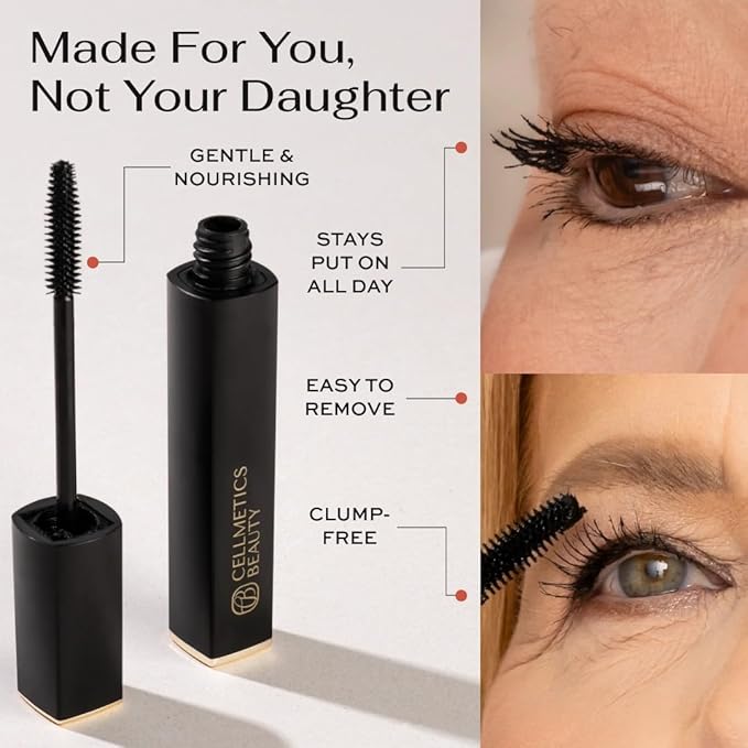 Cellmetics Mascara for Older Women 60 Plus Volumizing &amp Lengthening Tubing Mascara with Lash Growth Effect Hypoallergenic Smudge-Free and Gentle for Sensitive Eyes (Black)