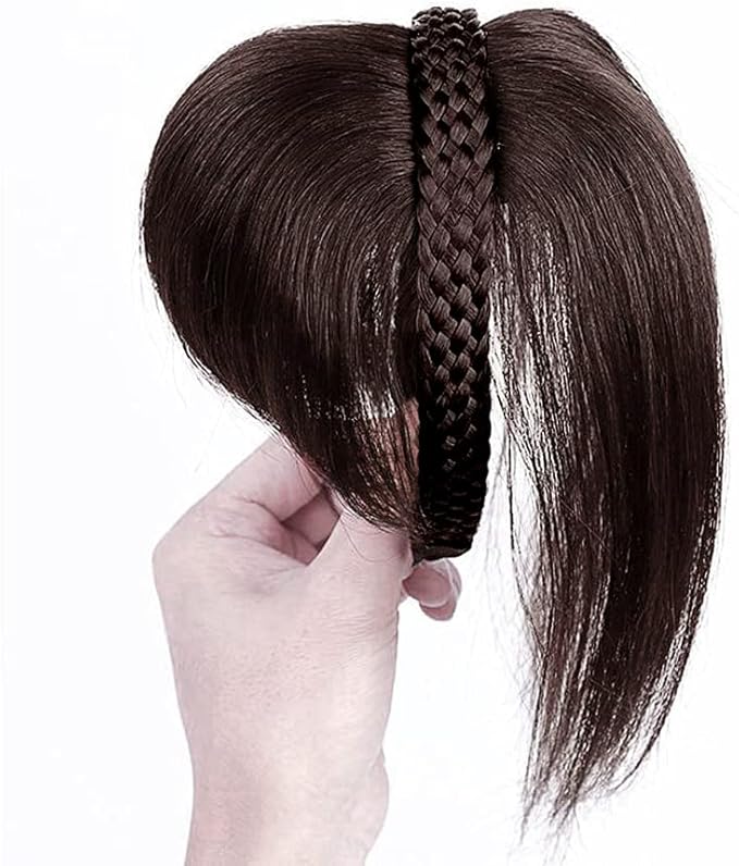 10 Women Human Hair Braided Headband Hair Piece Clip in Hairband Braids Human Hair Extensions Twist Braid Human Hair Topper with Bangs Dark Brown