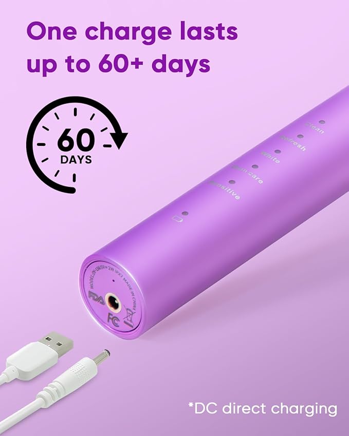 MySmile DY156 Electric Toothbrush for Adults Rechargeable Sonic Battery Toothbrush Portable with 3 Brush Heads 2 Mins 5 Modes Smart Timer 45000VPM One Charge for 60 Days - Purple