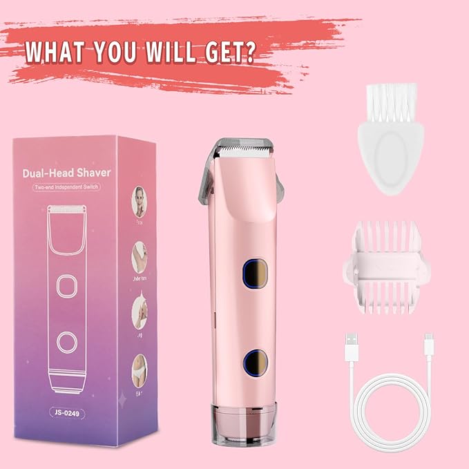 2-in-1 Bikini Trimmer for Women Bikini Shaver with Dual Heads Body and Facial Hair Removal Cordless Rechargeable Electric Razors for Face Chin Pubic Underarm Legs IPX7 Waterproof Pink